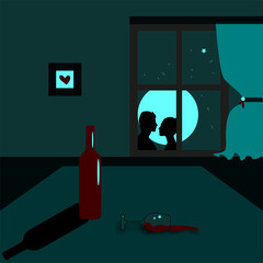 love story , woman and man , moon,  glass of wine, a bottle of wine , night and stars.