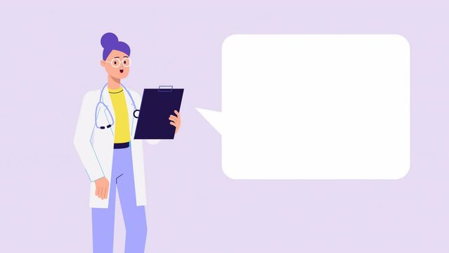 lip syncing Facial Animation for narration. female character doctor speaking, speech bubble, copy space medical worker animated footage in 2d flat style. talking mouth, lips expressions, articulation 