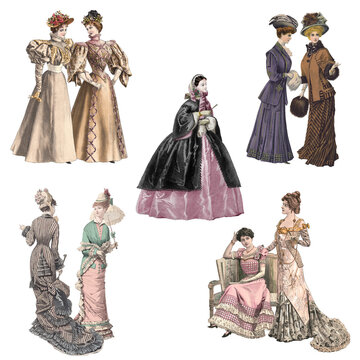 Victorian and edwardian Ladies in fashionable dresses of the time
