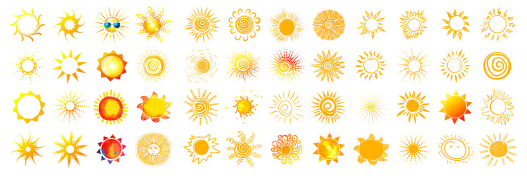 A large set of different suns. The sun is abstract. Hello summer. Vector illustration