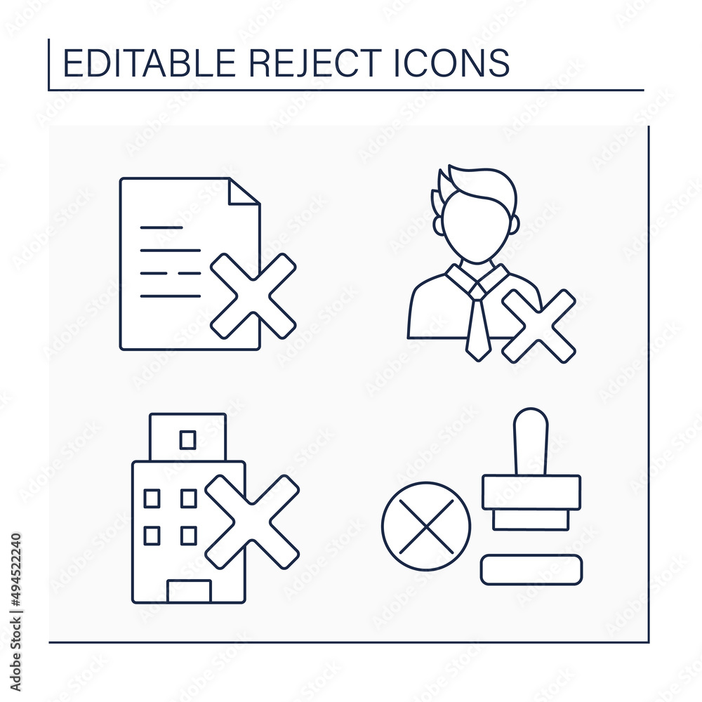 Poster rejection line icons set. refuse to accept documents. rejected candidate, seal, hotel. unacceptance.