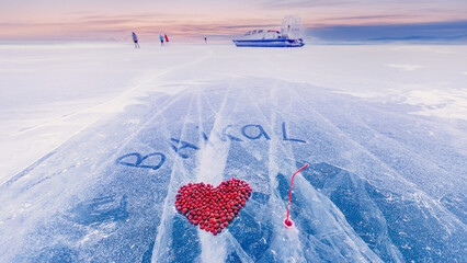 Cocktail drink winter ice kiss of Lake Baikal with cranberry heart. Concept travel Russia