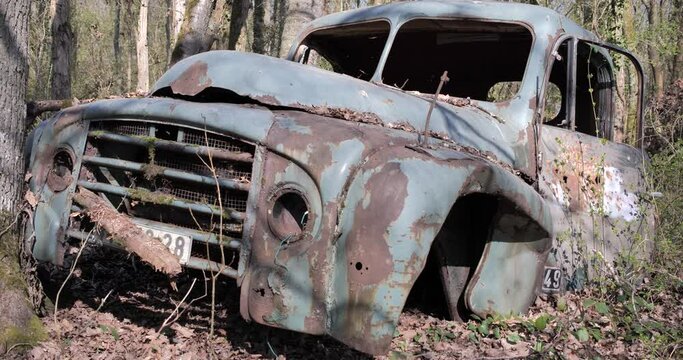 Carcasse automobile rouill&eacute; dans un bois