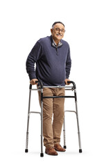 Full length portrait of a mature man standing with a walker