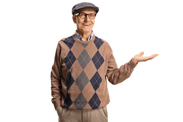 Elderly man holding something imaginary in his hand and smiling
