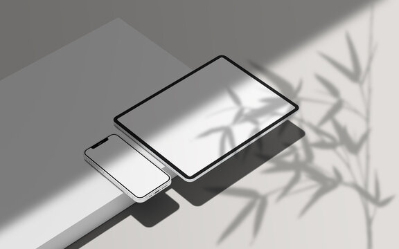 Realistic tablet screen mockup with shadow on top of devices.