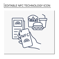 NFC technology line icon. Cashless payment in cafes. Fast paying in fast food restaurants. Banking terminal. Contactless payment concept. Isolated vector illustration. Editable stroke