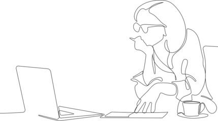 One continuous line is the concept. Vector illustration. Continuous line drawing of focused young woman using laptop typing on keyboard writing email or message for your design minimal