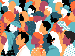 Ethnic group of people profiles illustration. Many faces o people of all races, divers people profile view of men and women, many races, ages and features. Checkered pattern graphic. Flat design.