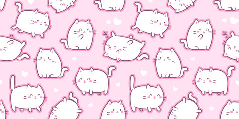 White Kawaii Cats or kittens in funny poses - vector seamless pattern. Cute baby cats for print or sticker design.  Adorable kawaii animals on pink background