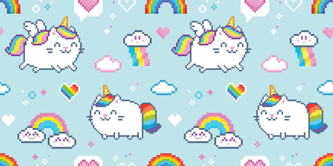 Seamless pattern of Cut Pixel Art Cat Unicorn or Caticorn on blue background. Cartoon Cat unicorns with pink wings for design of backgrounds, wallpapers, fabrics, wrapping paper, scrapbooking