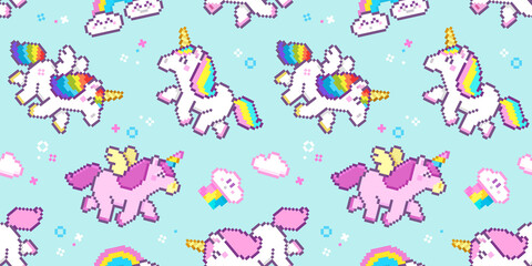 Cute Pixel Art Unicorns seamless pattern on blue background. Cartoon unicorns with rainbow tails for design  backgrounds, wallpapers, fabrics, wrapping paper, scrapbooking © VRTX
