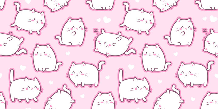 White Kawaii Cats or kittens in funny poses - vector seamless pattern. Cute baby cats for print or sticker design.  Adorable kawaii animals on pink background