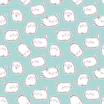 Cute Kawaii Cats or kittens in funny poses - vector seamless pattern. Funny cartoon fat cats for print or sticker design.  Adorable kawaii animals on blue background