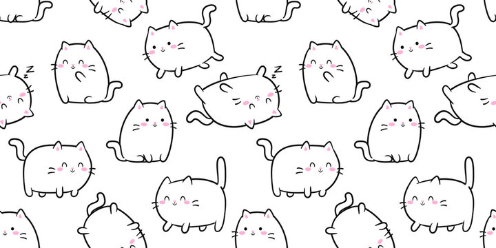 Cute Kawaii Baby Cats or kittens in funny poses - vector seamless pattern. White funny fat cats for print or sticker design.  Adorable kawaii animals on white background