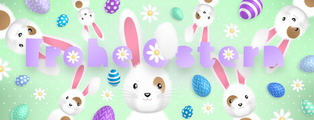 German purple text : Frohe Ostern, with many cute white rabbits and many colored eggs and flowers all around on a green background
