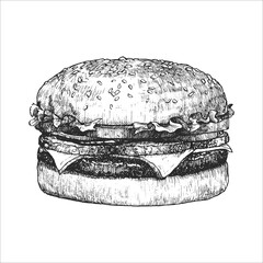 American dishes. Hand-drawn illustration of Cheeseburger. Vector. Ink drawing. 