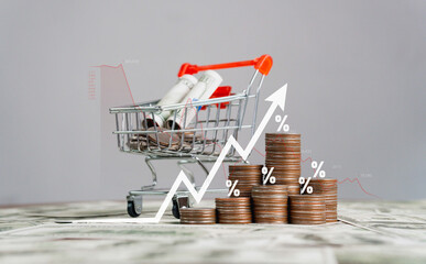 inflation Increased product sales growth basket growth, market or consumer price index concept shopping cart with food increase with arrow graph on the coin inflation VAT - obrazy, fototapety, plakaty