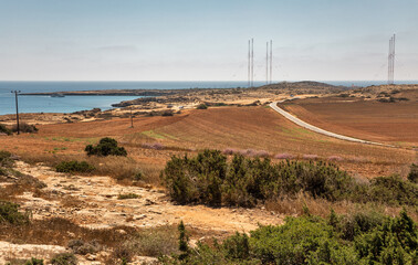 Cape Greco peninsula landscape with radar station, Cyprus.