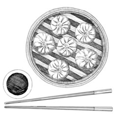 Asian dishes. Hand-drawn illustration of Bamboo Steamer with Mandu. Vector. Ink drawing. 