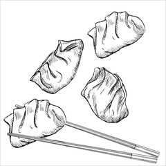 Asian dishes. Hand-drawn illustration of Mandu. Vector. Ink drawing. 