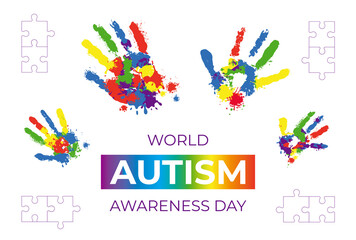 World Autism Day. Colorful handprints. Support. April 2 is World Autism Awareness Day. Awareness and acceptance of neurodiversity.