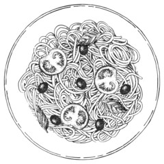 Traditional italian dishes. Hand-drawn illustration of Pasta. Vector. Ink drawing. 