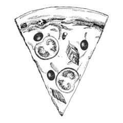 Traditional italian dishes. Hand-drawn illustration of Pizza. Vector. Ink drawing. 