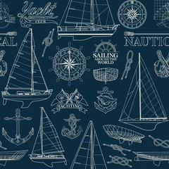 Sailboat and yachting nautical elements  collage marine vector seamless pattern