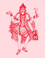 Illustration of the Kali goddess of Indian religion on the red background