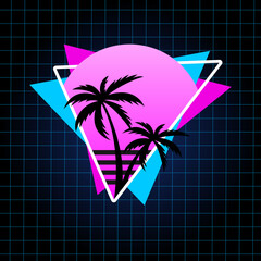 Retro Vector Illustration in 80's style for T-shirt with Palms, Grid and Sunset. Outrun aesthetic. - obrazy, fototapety, plakaty