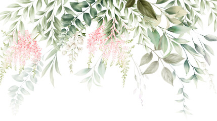 Floral border with pink flowers ang foliage, can be used as invitation card for wedding, birthday and other holiday and  summer background. Botanical art. Watercolor