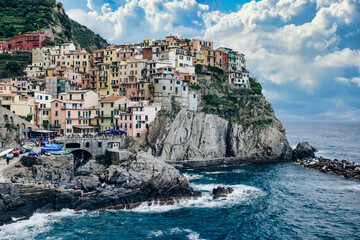 Scenic view of the cliffside village of Manarola on the Cinque Terre Coast of Italy