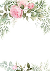 Greeting card with flowers, Floral frame, can be used as invitation card for wedding, birthday and other holiday and  summer background. Botanical art. Watercolor