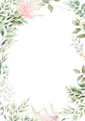 Greeting card with flowers, Floral frame, can be used as invitation card for wedding, birthday and other holiday and  summer background. Botanical art. Watercolor