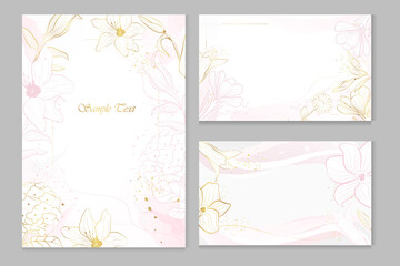 Fototapeta na wymiar Set of vector cards with golden and pink plants in line-art style on a gray background.