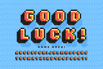 Pixel vector alphabet design, stylized like in 8-bit games.