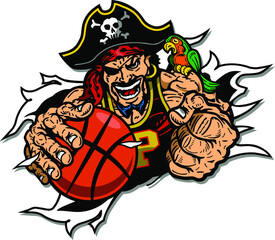 pirate captain mascot ripping through the background with basketball for school, college or league