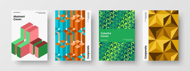 Vivid mosaic pattern magazine cover illustration composition. Clean corporate brochure design vector layout bundle.