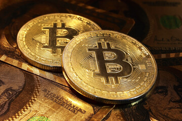 Golden bitcoin with dollar background. conceptual image for crypto currency.