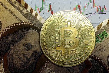 A golden bitcoin with graph and dollar background. conceptual closed-up image of crypto currency trading.