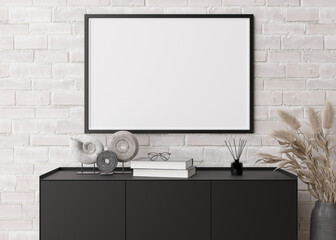 Empty horizontal picture frame on white brick wall in modern living room. Mock up interior in contemporary style. Free, copy space for picture, poster. Console, sculptures, pampas grass. 3D rendering.