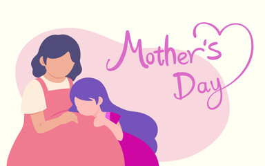 Daughter hugging pregnant mother, listen to fetal movement. Warm Mother's Day Card Vector Illustration.