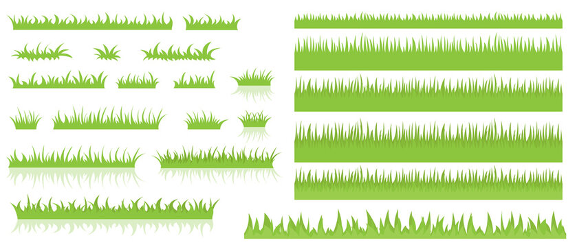 Green grass, vector set for drawing images in flat cartoon style. Natural material for collecting headpieces, summer lawn sketches.