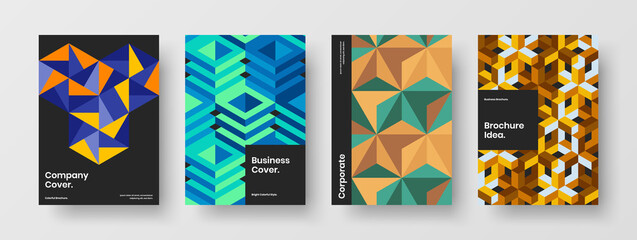 Obraz premium Fresh mosaic hexagons catalog cover illustration collection. Multicolored poster A4 design vector template set.