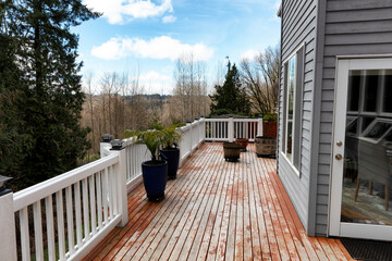 Home outdoor cedar wood deck with maintenance on boards and new planting for spring season