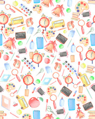 Watercolor pattern with school and office supplies and tools. Isolated learning objects: bus, books, watch, bell, lunch bag, pens and pencils. Illustration for school design
