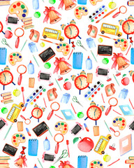 Watercolor pattern with school and office supplies and tools. Isolated learning objects: bus, books, watch, bell, lunch bag, pens and pencils. Illustration for school design