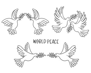 Set of flying pigeons with a branch and leaves. Dove of peace. Hand drawn line sketch. Bird symbol of hope, emblem against violence and military conflicts. Vector illustration
