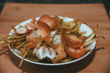 Closeup shot of leftovers from peeling onions and garlic on a white plate